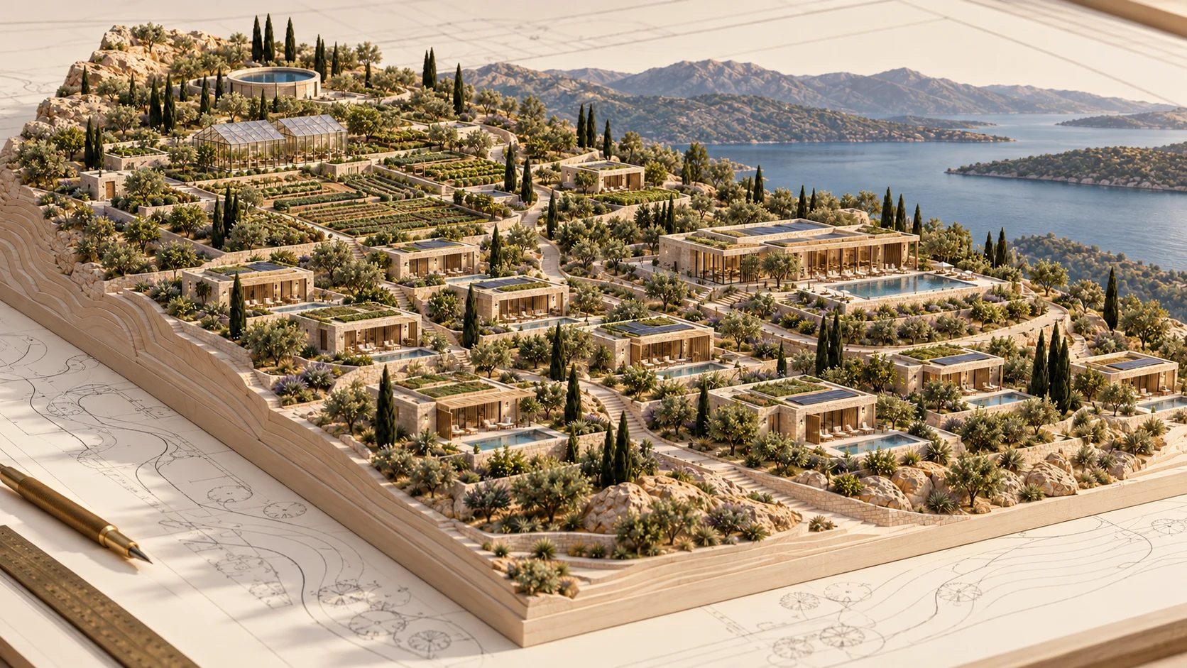 Technical community plan with layers for water, energy, homes and amenities