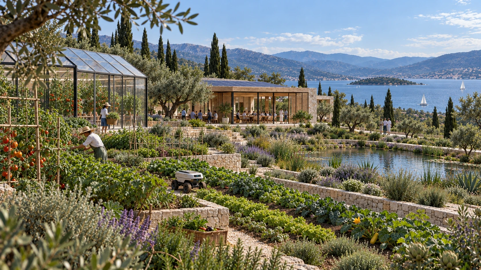 Jardines, invernadero, techos solares y espacios compartidos junto a un lago